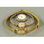 An Art Deco ladies gold wristwatch, another and a vintage silver wristwatch.