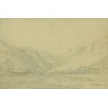 Thomas Sunderland (1744-1828), wash drawing, "The Head of Ullswater". 16 cm x 24.5 cm.