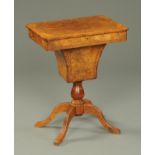 A Victorian walnut worktable, raised on a later stand. Width 52 cm.