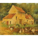 A late 19th century French School, oil on canvas, cockerels and hens with figure by barn.