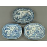 Three 19th century blue and white transfer printed Willow pattern ashettes. Largest 48 cm.