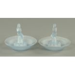 A pair of Walther Sohne style blue glass table centre pieces. Diameter 20 cm.