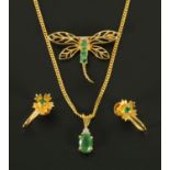 A suite of 9 ct gold emerald and diamond jewellery, pair of ear clips with screw backs,