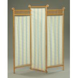 A Victorian wooden three fold screen, with fabric panels. Height 163 cm, each panel width 50 cm.