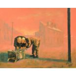 Alexander Millar (b. 1960), oil painting on board, "Two Gadgies Mending a Pram".