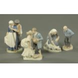 Four Royal Copenhagen figures, courting couple, man with beard, lady with cat and gardeners.