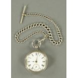 A silver cased pocket watch with Albert chain, open faced, key wind, by A. Mears & Co.