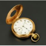 A 9 ct gold cased pocket watch by Record, half Hunter, knob wind, with subsidiary seconds dial.