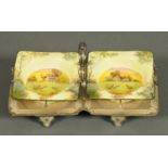 A pair of royal Doulton printed bonbon dishes, square, each raised on a silver plated stand.