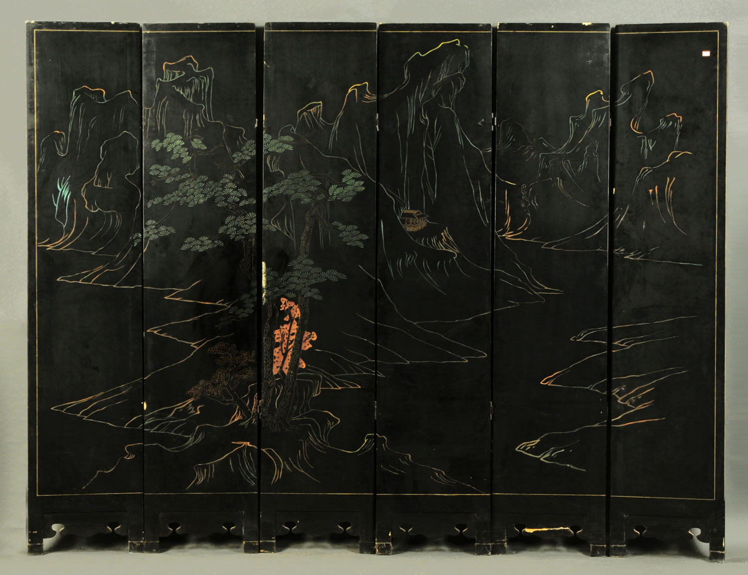 A Chinese folding screen, decorated with figures and dogs, six fold. - Image 2 of 2