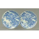 A pair of 19th century Japanese blue and white Arita chargers. Diameter 32 cm.