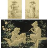 A Victorian print, children playing, 21 cm x 34 cm, and a pair of etchings by Artner Margit.