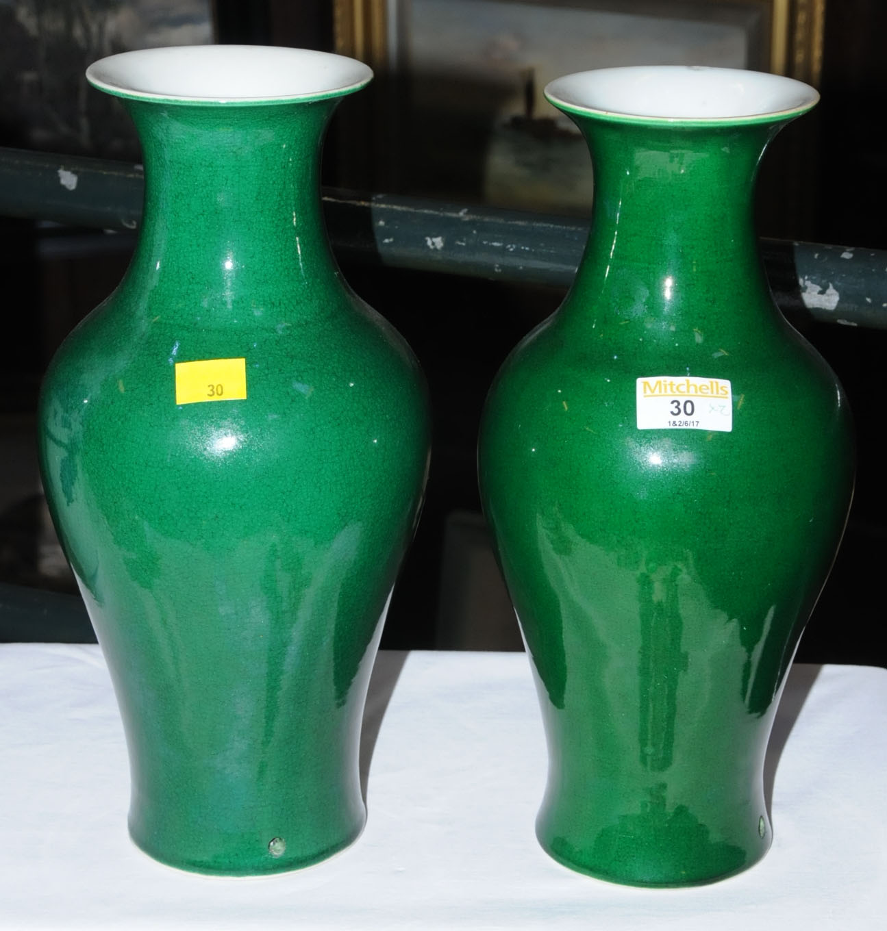 A pair of Chinese green vases, Yongzheng marks circa 1723-1735. Height 31 cm. - Image 2 of 8