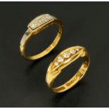 Two 18 ct gold rings, five stone and three stone, sizes M and L respectively,