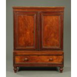 An early 19th century mahogany cupboard, with moulded cornice above a pair of panelled doors,