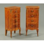 A pair of Continental crossbanded four drawer narrow chests of drawers,