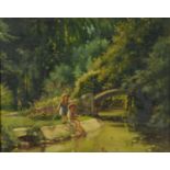 A 19th century oil on canvas, children fishing. 31 cm x 40 cm, framed.