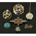 A collection of brooches, including Scottish silver, micromosaic, etc.