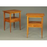 A pair of bedside tables, each fitted with a drawer and raised on tapered legs of square section.