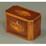 A George III inlaid mahogany tea caddy, shell inlaid and with canted angles. Width 18.