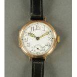 A Rolex First World War period 9 ct gold cased gentleman's wristwatch, 15 jewels, Arabic numerals,