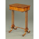 A 19th century rosewood and amboyna worktable, with rounded corners,