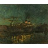 S.R. Rodger, oil on canvas, "The Queen Mary in Port". 44 cm x 54 cm.