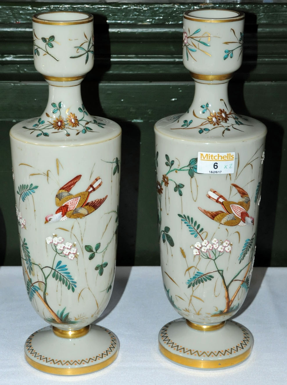 A pair of Victorian glass vases, decorated with birds and flowers. Height 34 cm (see illustration). - Image 2 of 3