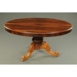 A Victorian rosewood oval Loo table, with faceted column and three downswept scroll legs.