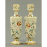 A pair of Victorian glass vases, decorated with birds and flowers. Height 34 cm (see illustration).