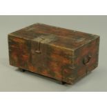 A 19th century iron bound stained wooden trunk, with carrying handle to either side. Width 80 cm.