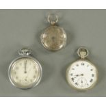 A large silver fob watch, and an Ingersol cased pocket watch and another.