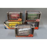 A group of 5 EFE diecast model buses