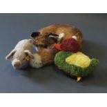 3 Steiff soft toy animals: Fuzzy Red sleeping fox (1542/35), Cosy "Snuggy" duck (5381/27),