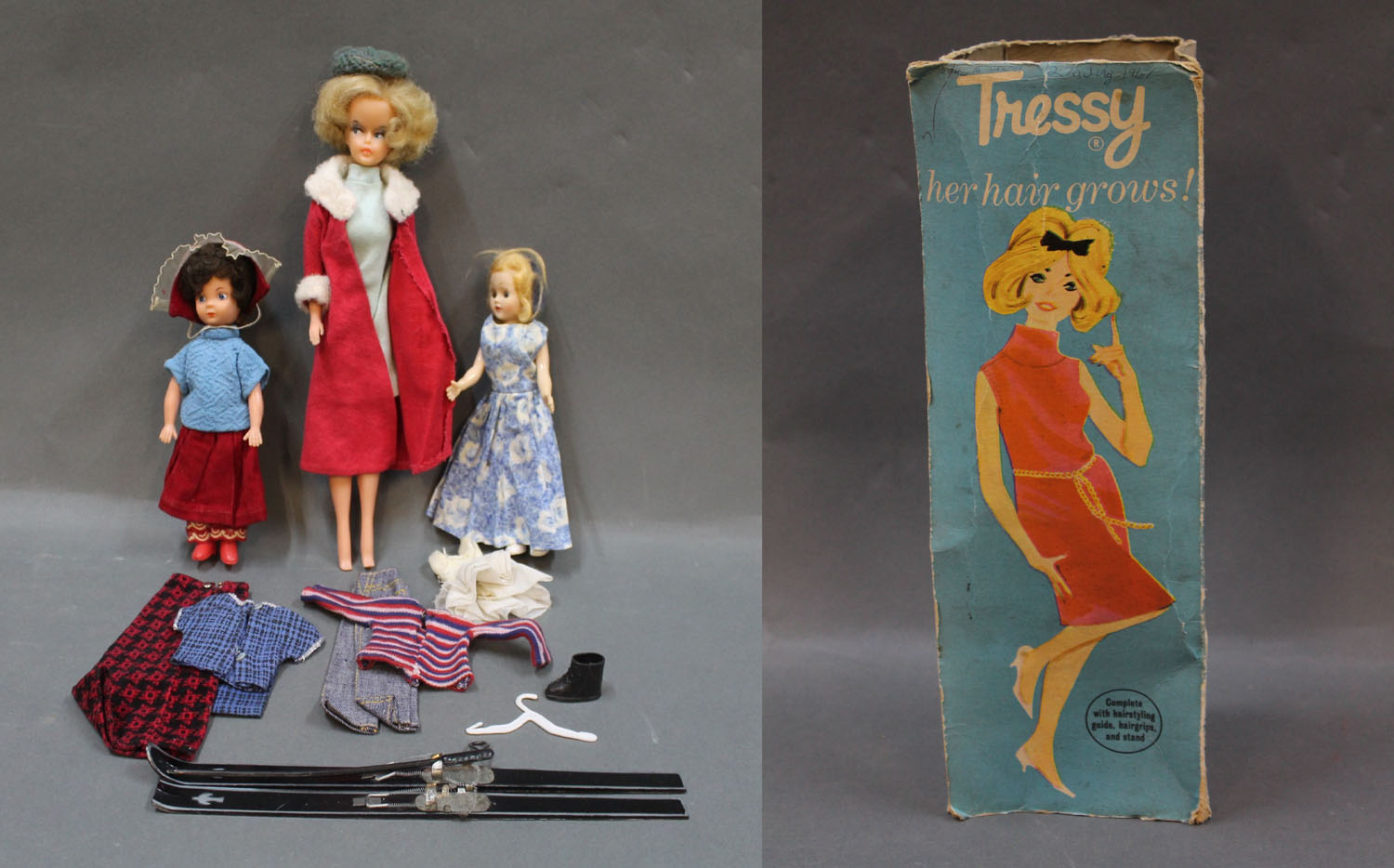 A vintage vinyl doll (possibly Tressy, 12ins in height), 2 other dolls,