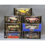 A group of 7 Burago 1:18 scale diecast model cars