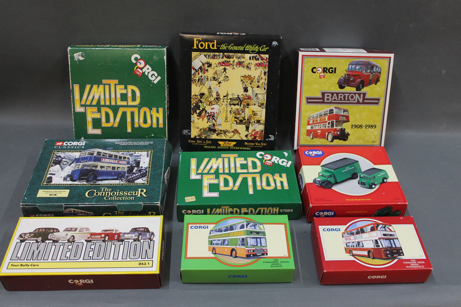 A group of 9 boxed Corgi model sets including Ford-The General Utility car, Barton 1908-1989,