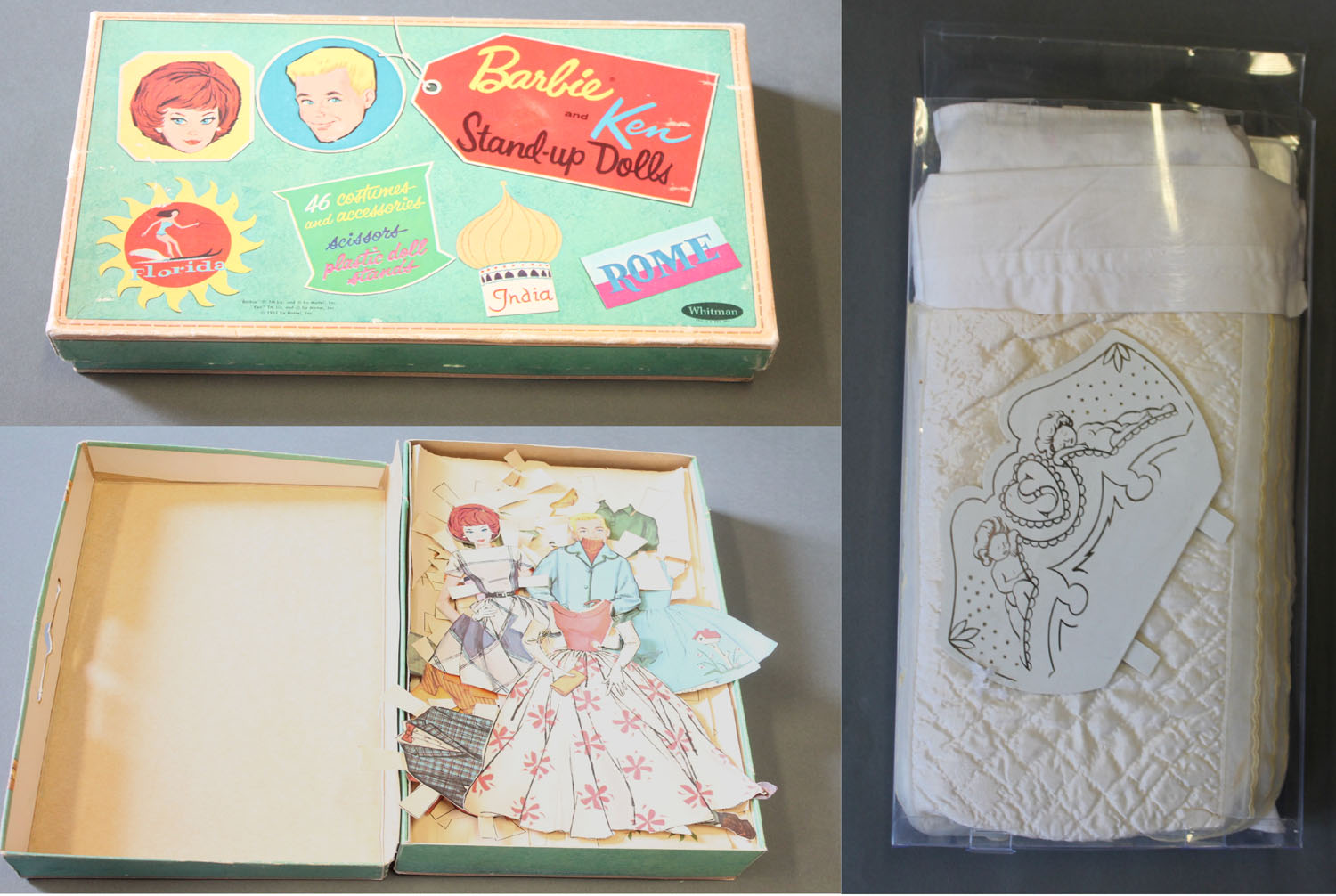 A scarce 1962 "Barbie & Ken" cut out doll set in original case/box & a Sindy bed