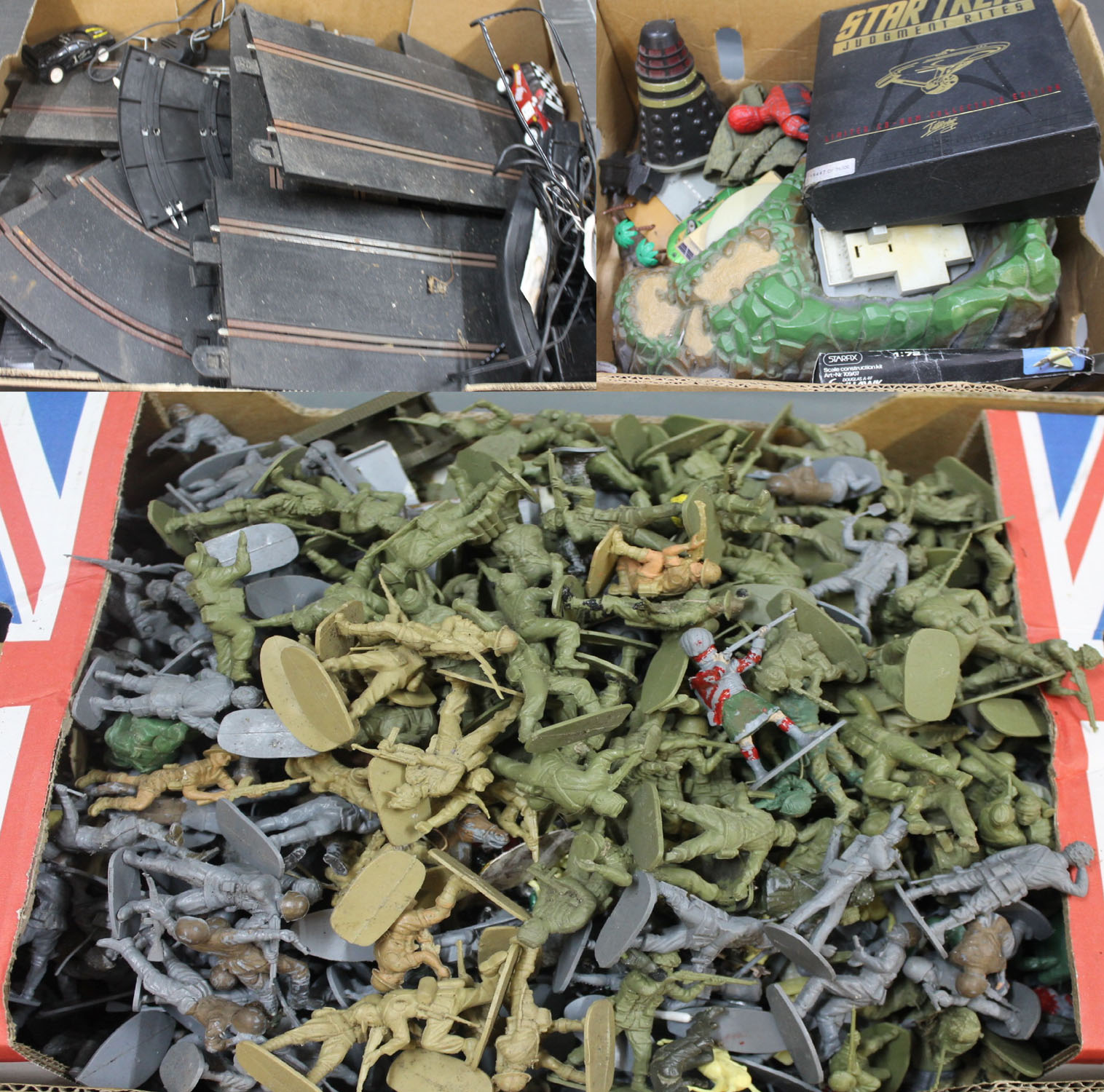 3 boxes of various toys including Scalextric, toy soldiers (including Britain's Deetail),