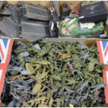 3 boxes of various toys including Scalextric, toy soldiers (including Britain's Deetail),