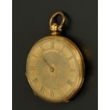 A late 19th century foliate engraved fob watch, stamped "18 k", key wind. Case diameter 40 mm.