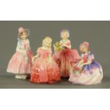 Four Royal Doulton figurines, "Monica" HN1467, "Cissie" HN1809, "Lily" HN1796 and "Rose" HN1368.