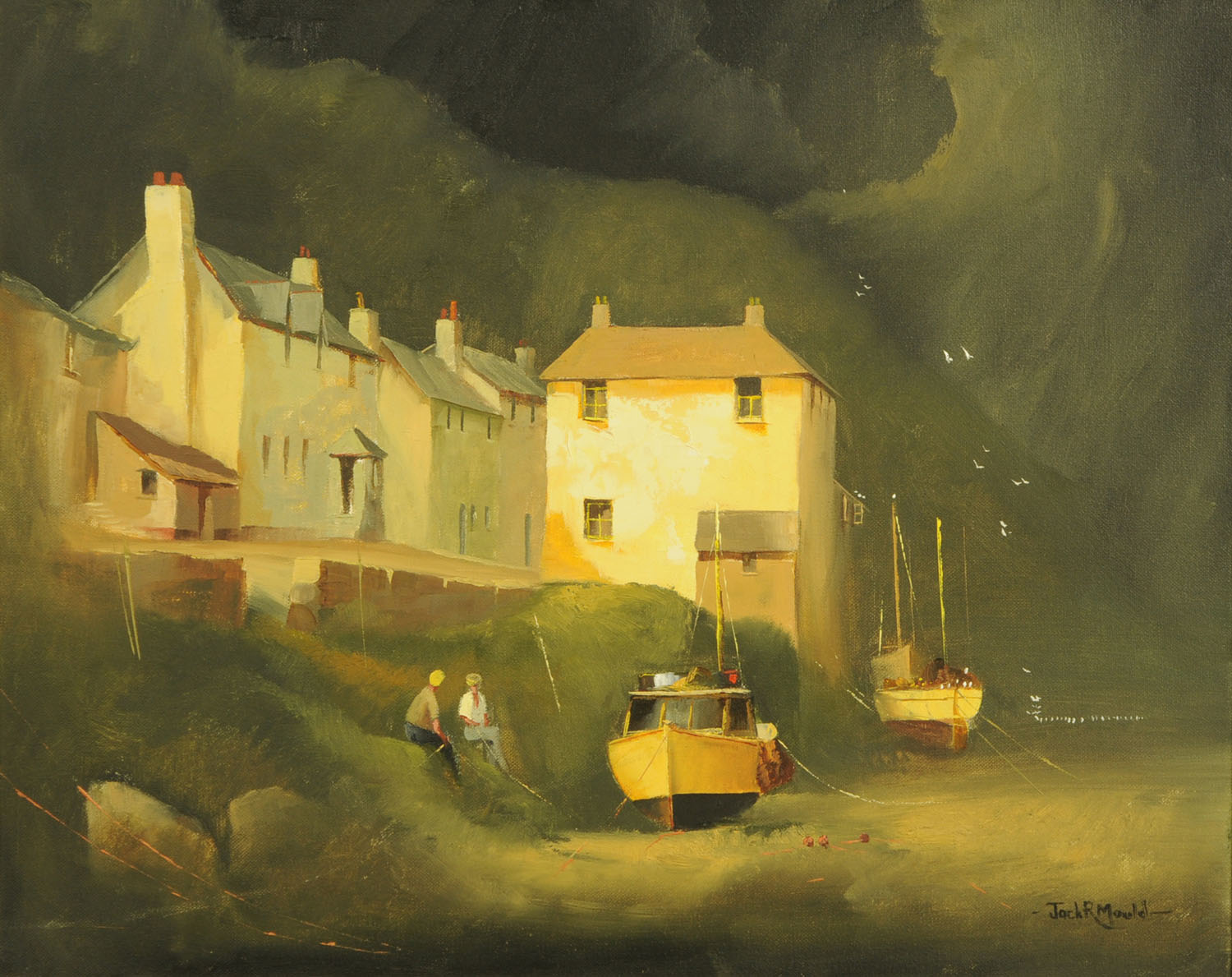 Jack R. Mould, oil painting on canvas, coastal scene with figures at ...