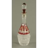 A silver mounted ruby flash decanter, with stopper, London 1980.