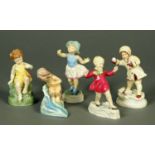 Five Royal Worcester figures, "December", "Friday's Child", "January",