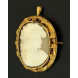 A cameo brooch, with foliate surround to the profile cameo. 60 mm x 50 mm.