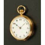 A 9 ct gold cased ladies fob watch, with enamelled dial with Arabic numerals, knob wind.