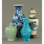 Four Chinese vases, prunus with four character mark to base, crackleware with lid,