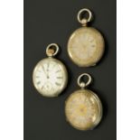 Three silver pocket watches, two Continental, one English, London 1886. Largest diameter 42 mm.