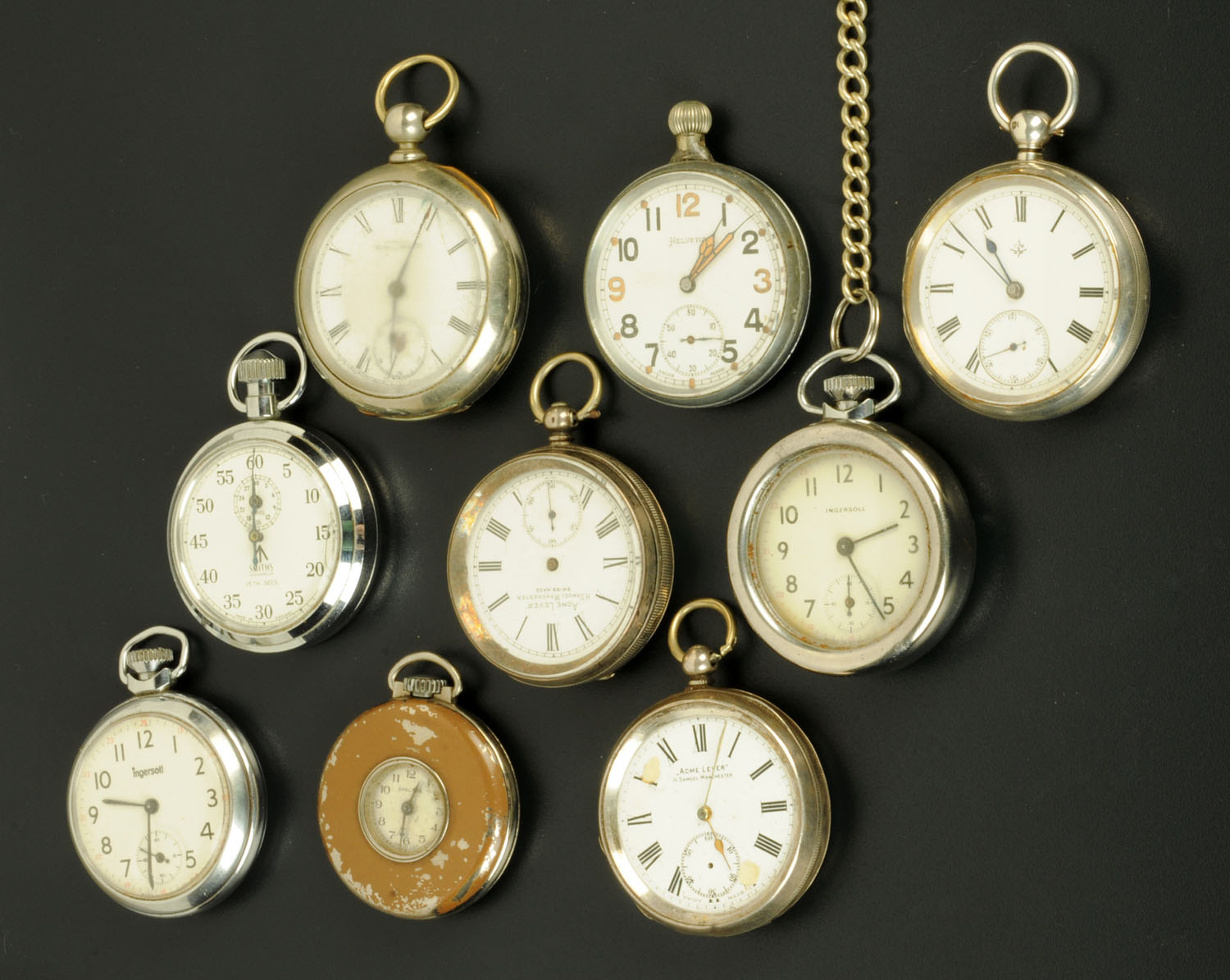 A collection of nine miscellaneous pocket watches, including military, Smiths, Ingersoll, Helvetia,